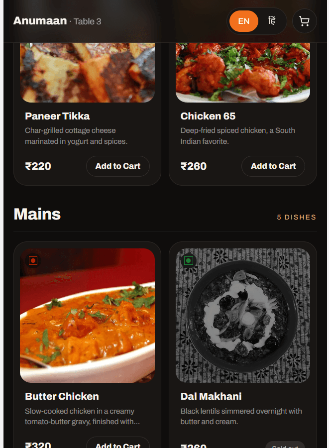 The scan-to-order customer menu on a phone, showing dishes with prices, an Add to Cart action, and a sold-out dish.