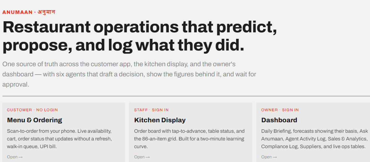 Anumaan landing page, showing the three surfaces: customer menu and ordering, kitchen display, and owner's dashboard.